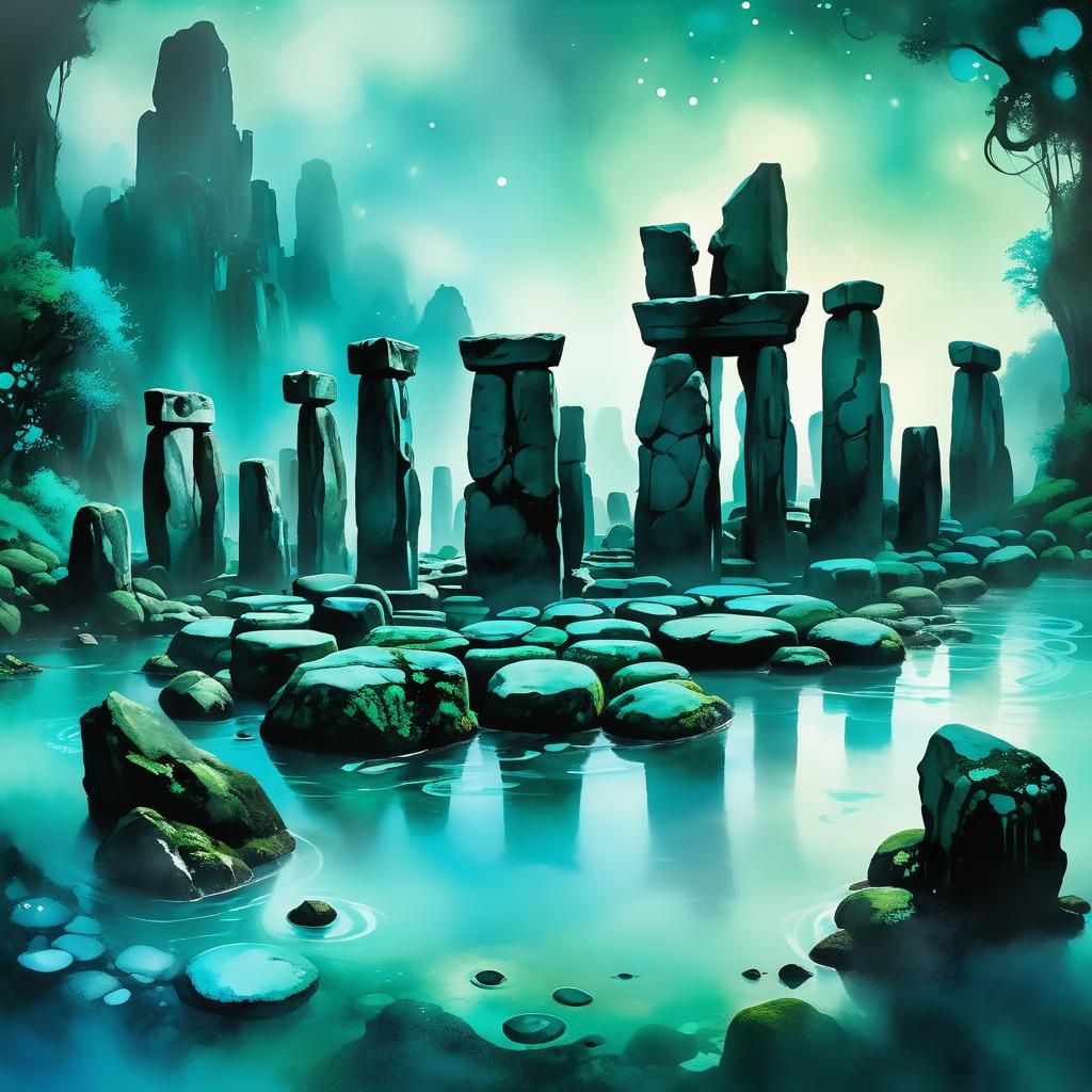 Surreal Stonehenge in Chinese Ink Painting Style