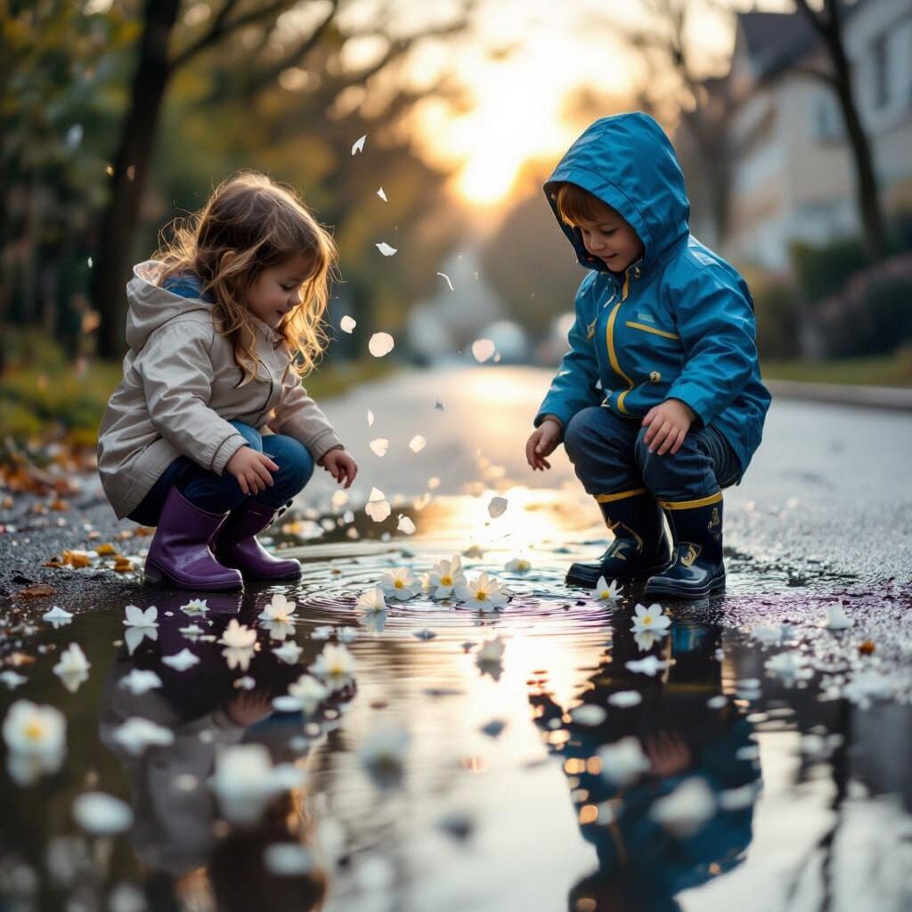 Children Play in Puddle After Rain with Falling Petals