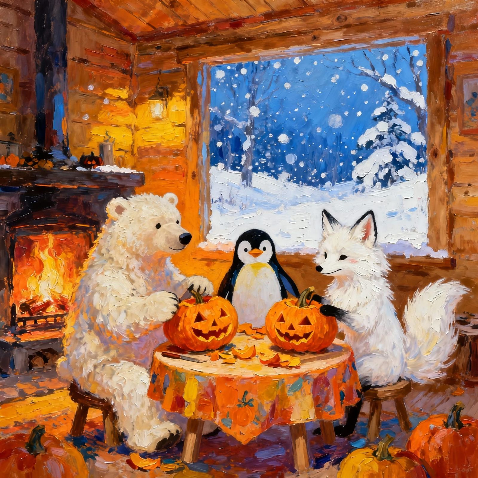 Cute Animals Carving Pumpkins in Cozy Cabin