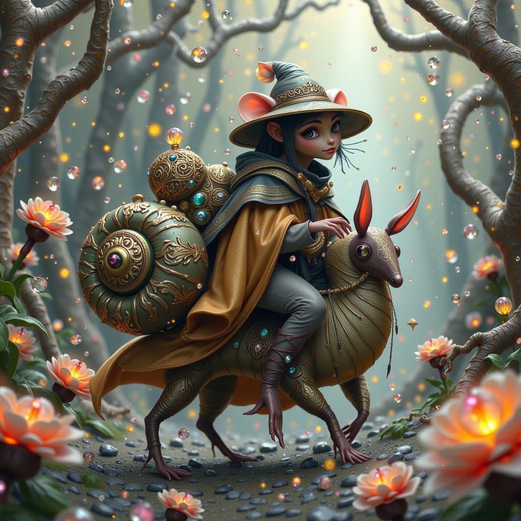 Mouse Rides Racing Snail Through Dreamlike Landscape