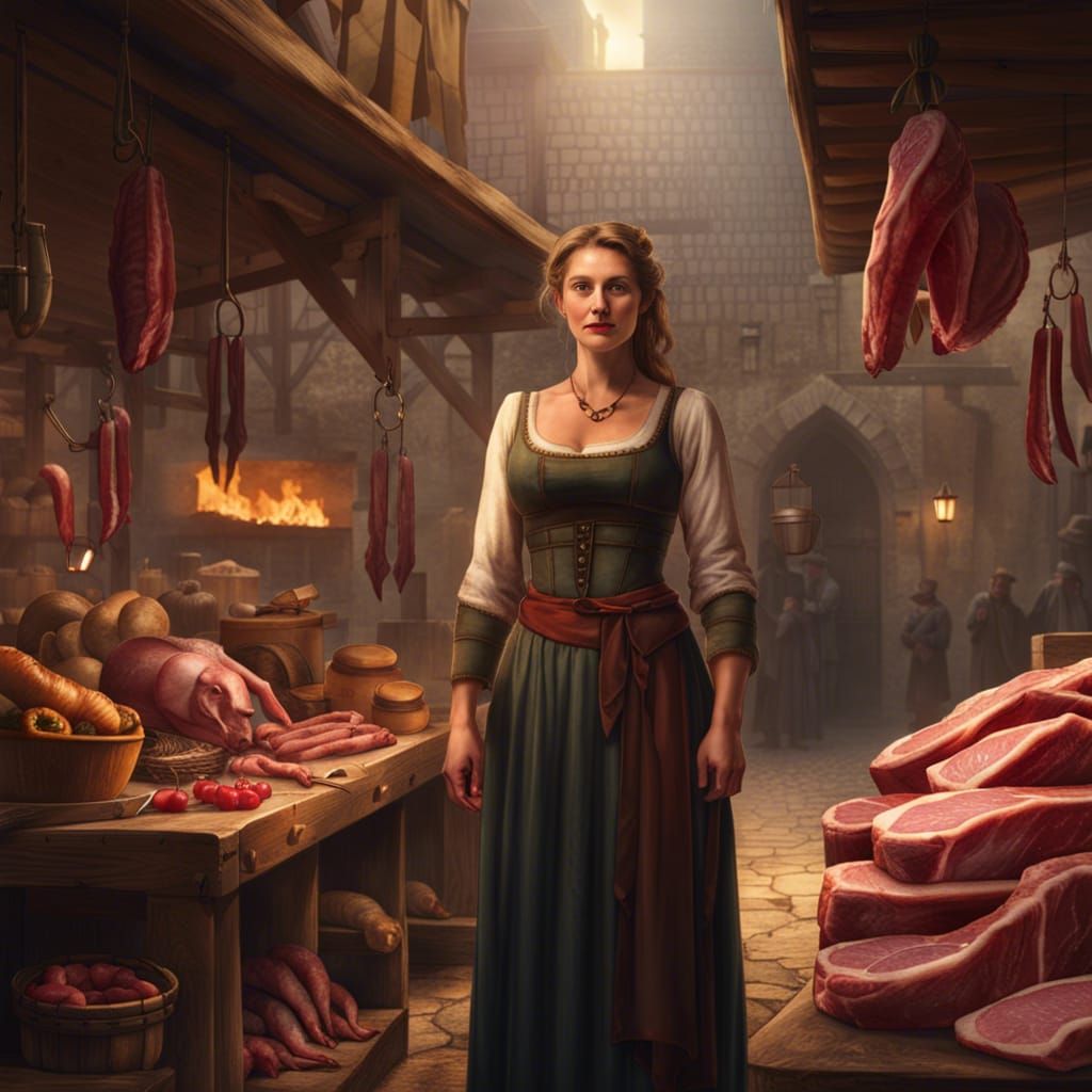 Lively Medieval Meat Market Scene with Woman