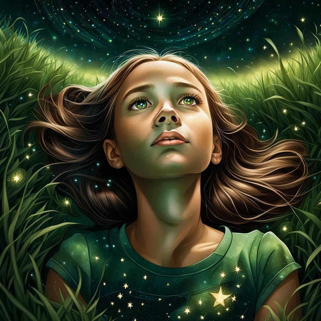 Child Stargazing in Summer Night: Digital Illustration