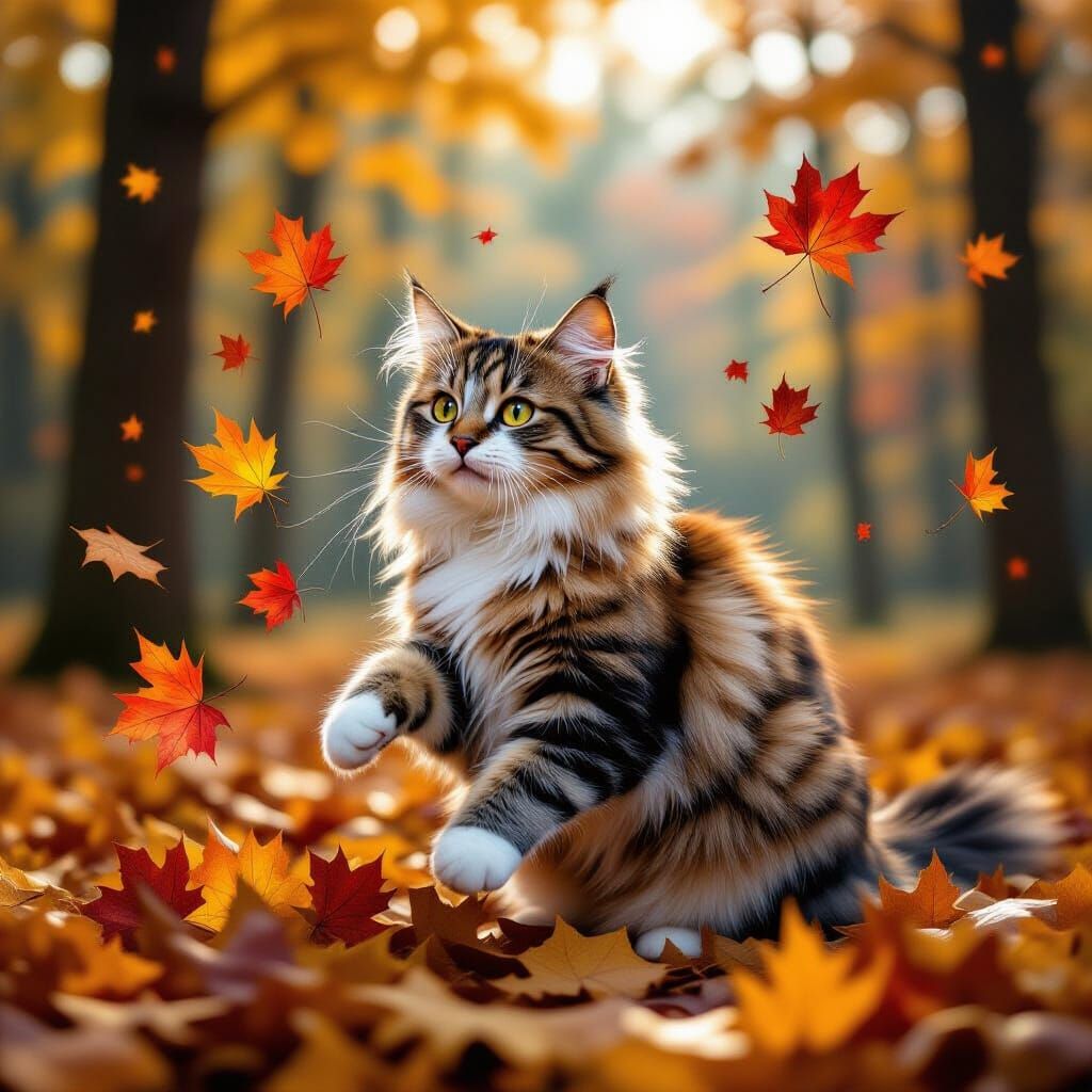 Surreal Cat with Autumn Leaves in Forest Clearing