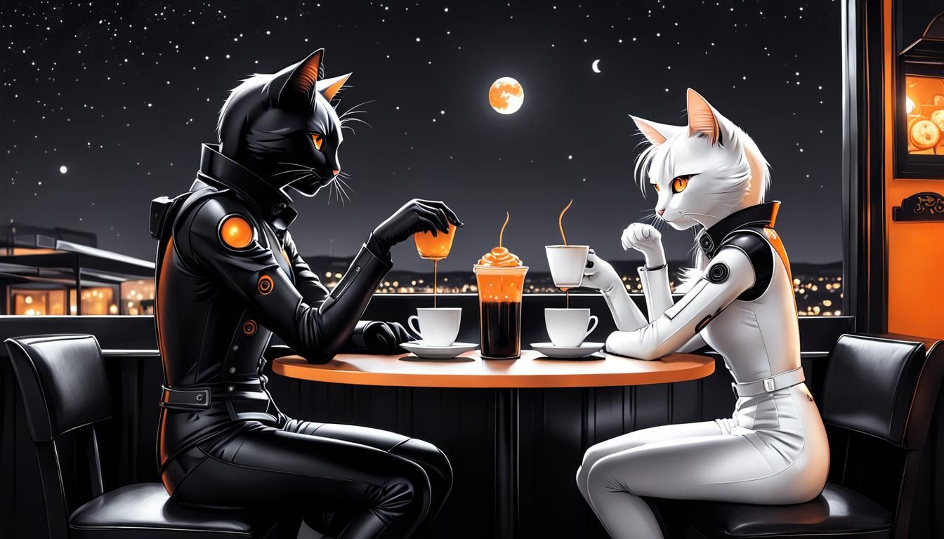 Android Cats' Noir Cafe Date: Cyberpunk Anime Pen Drawing