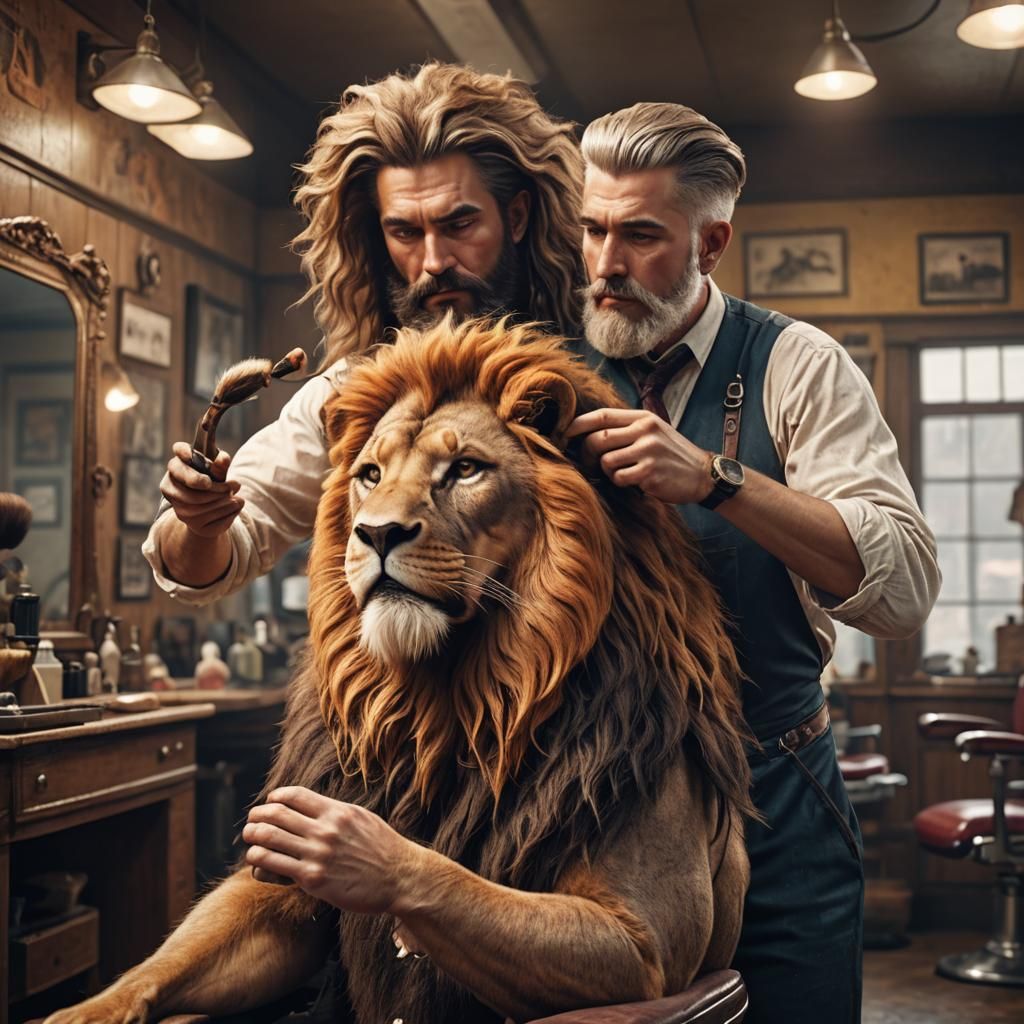 Barber Trimming Lion's Mane: Detailed Matte Painting