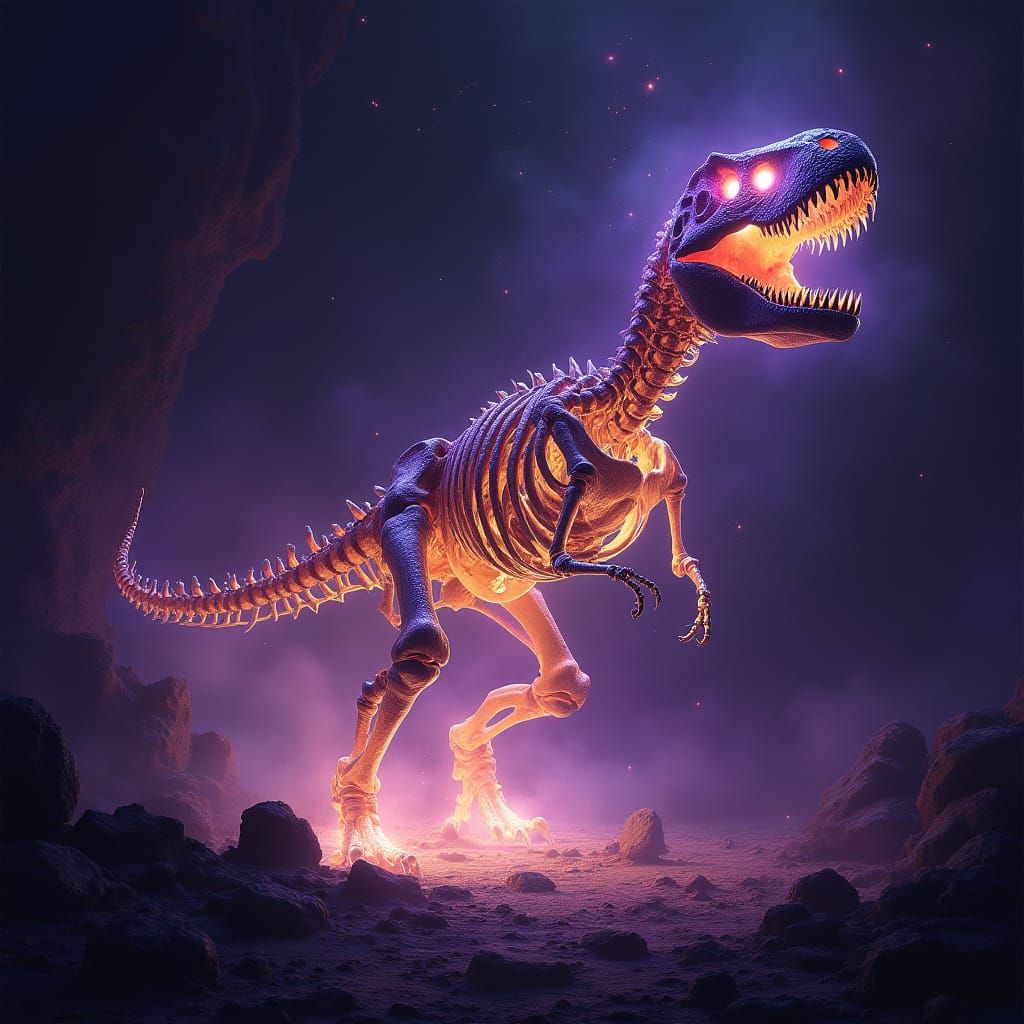Cosmic T-Rex Emerges from Space-Time Rift in Vibrant Hues