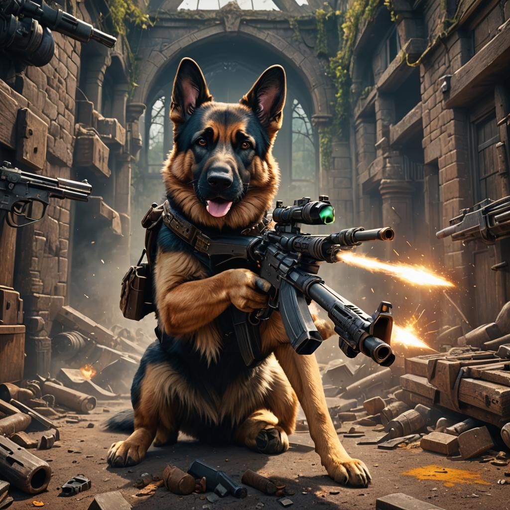 German Shepherd Dog Shooting a Gun