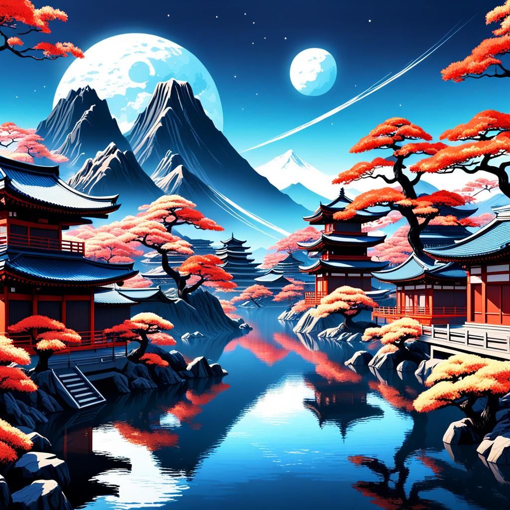 Picturesque Scifi Landscape in Ukiyo-E Style