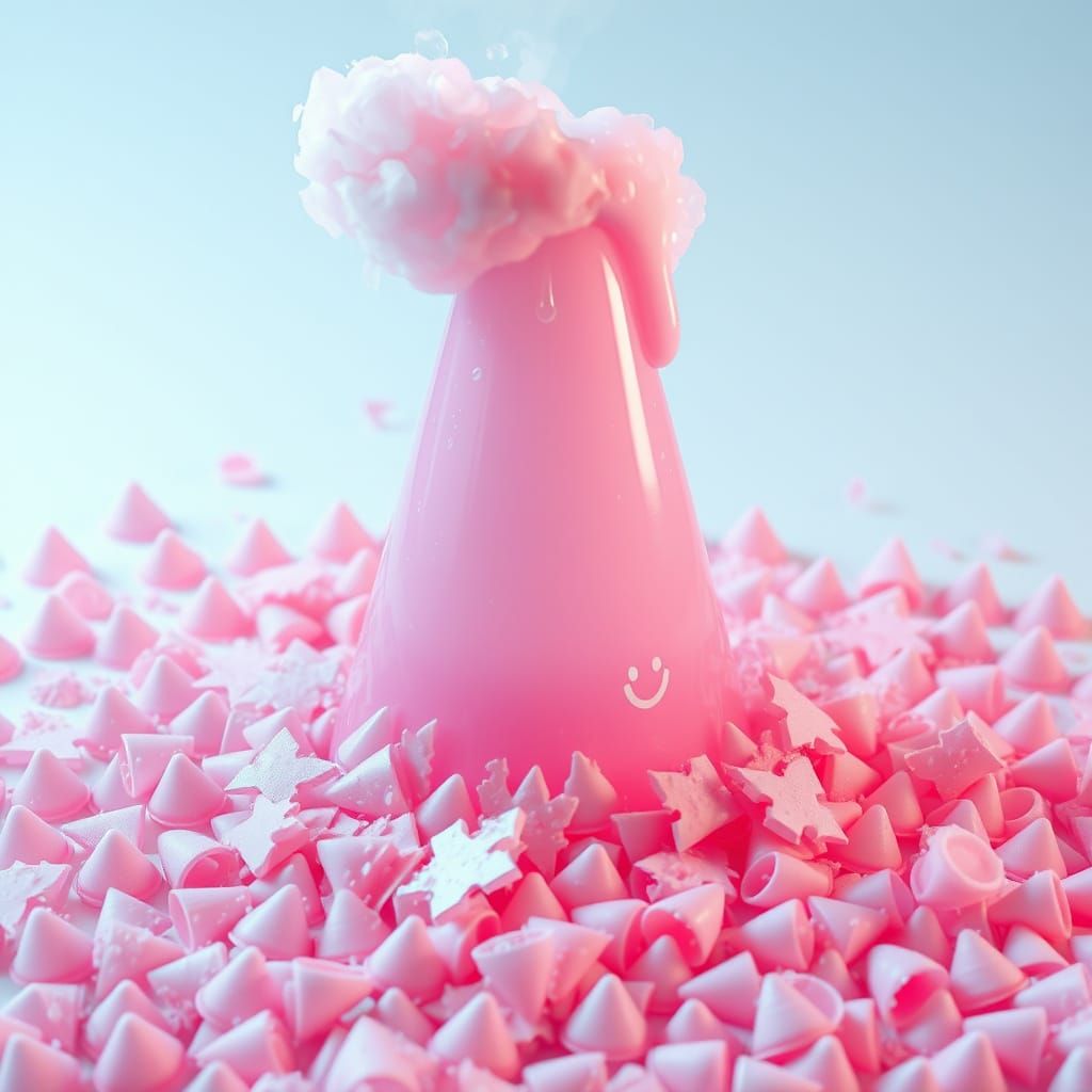 Hyperrealistic Pink Plastic Cone Melts in Blue Spotlight