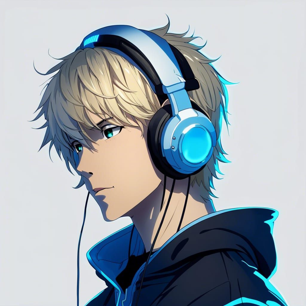 Anime Style Portrait of Blond Boy with Headphones