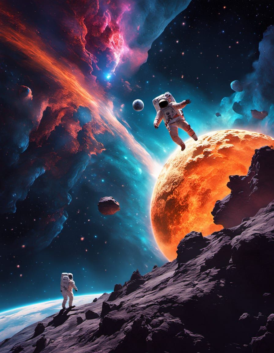 Astronaut Reaches for Crystalline Asteroid in Ethereal Nebul...