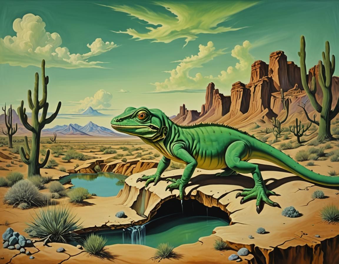 Surreal Arizona Landscape with Lizard, Oil on Canvas