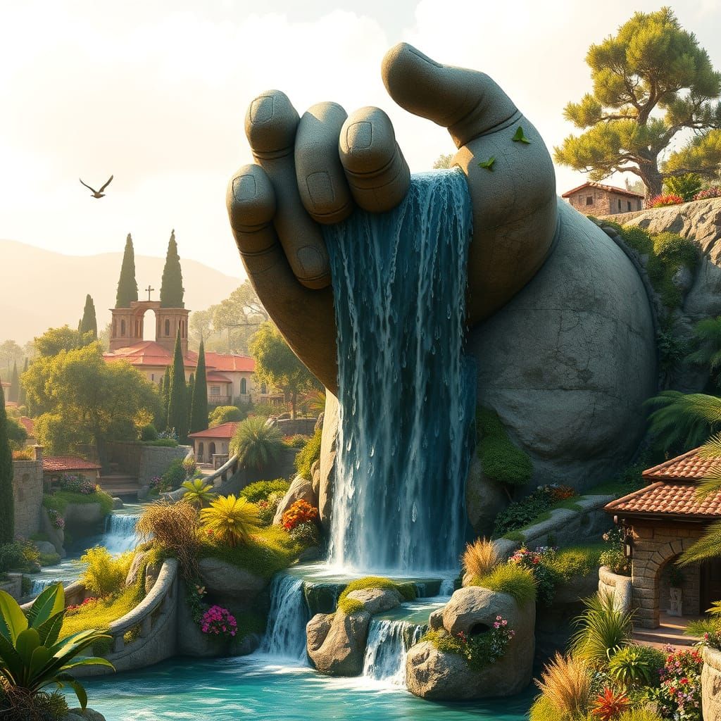 Majestic Hand Sculpture Conjures Crystal Waterfall Oasis