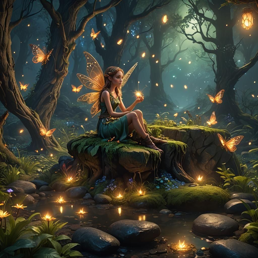 Enchanted Forest Fairy with Fireflies, Detailed Matte Painti...