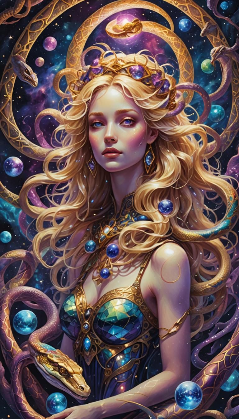 Cosmic Goddess with Snakes in Holographic Style