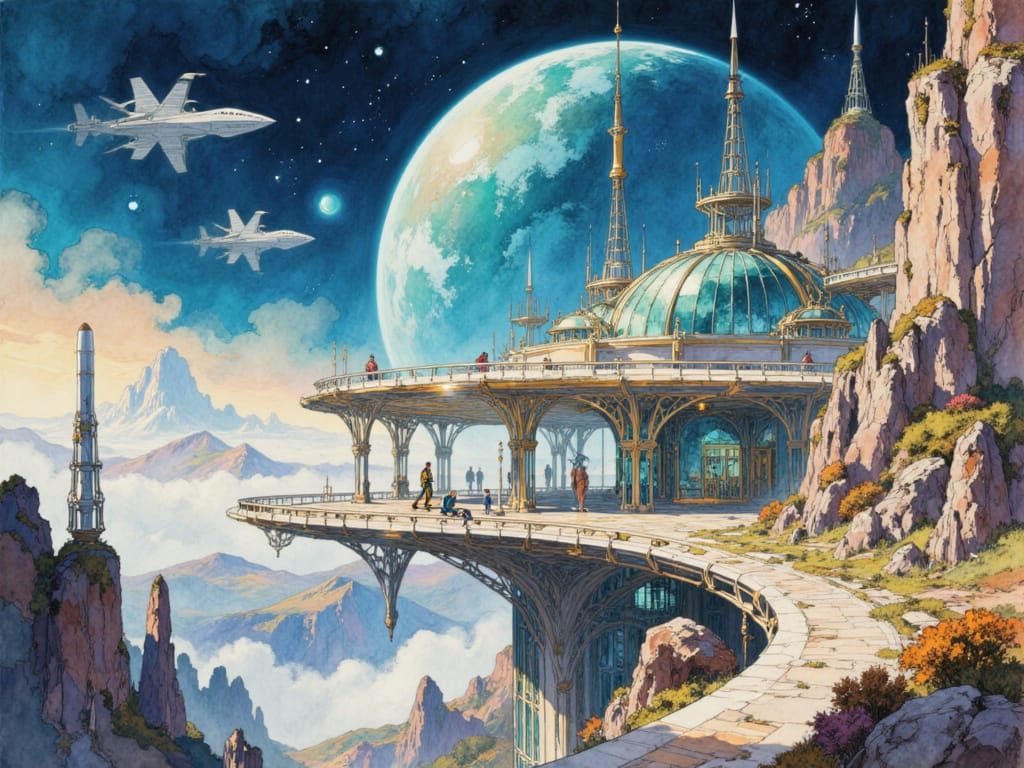 Retro-Futuristic Space Colony Orbits Blue Planet