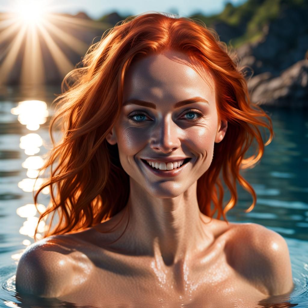 Hyperrealistic Redhead Skinny Dipping in Sunlight