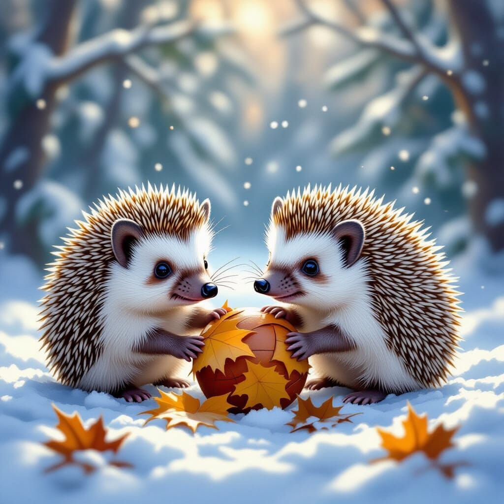 Baby Hedgehogs Play in Snowy Winter Forest