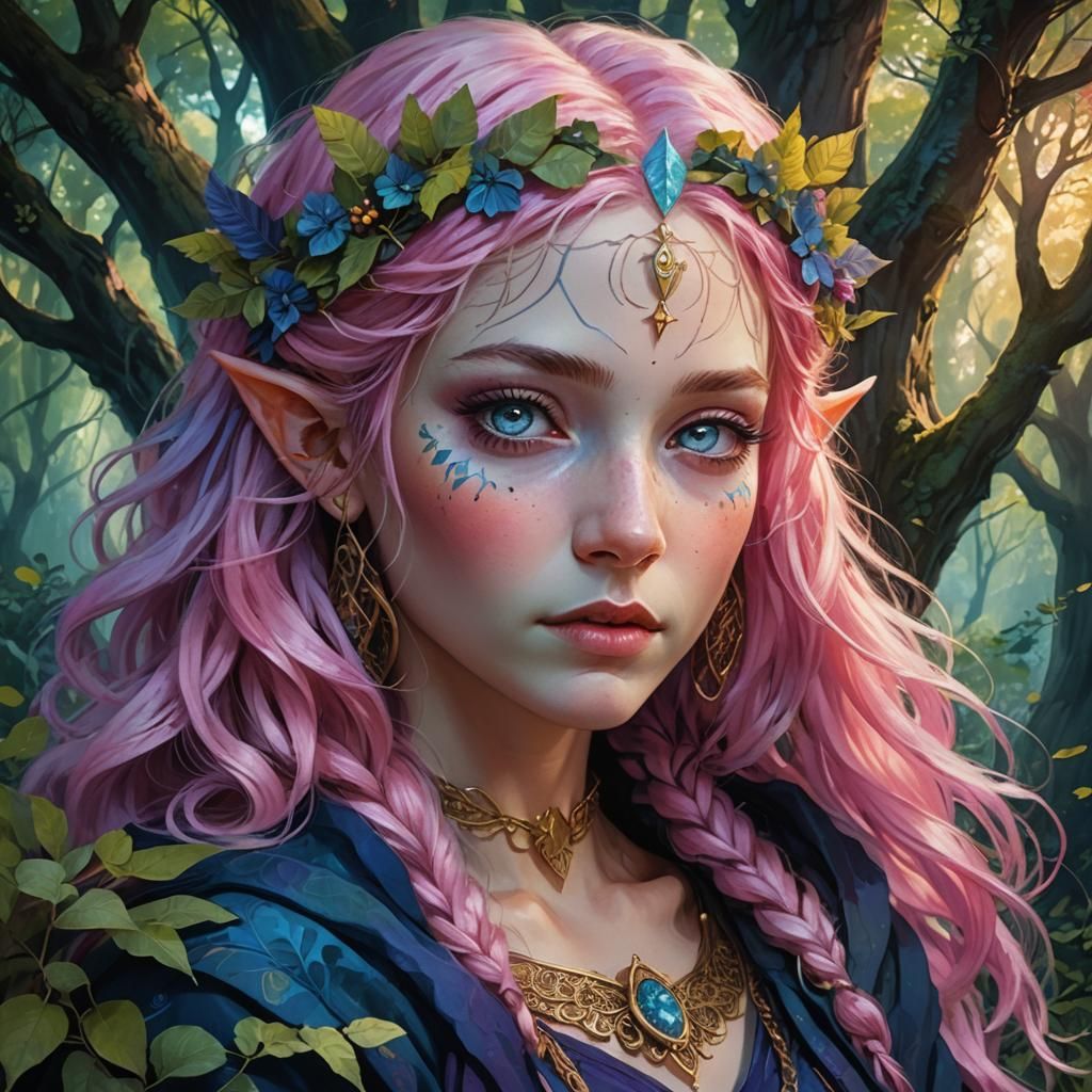 Mystical Pink-Haired Woman in Magical Forest