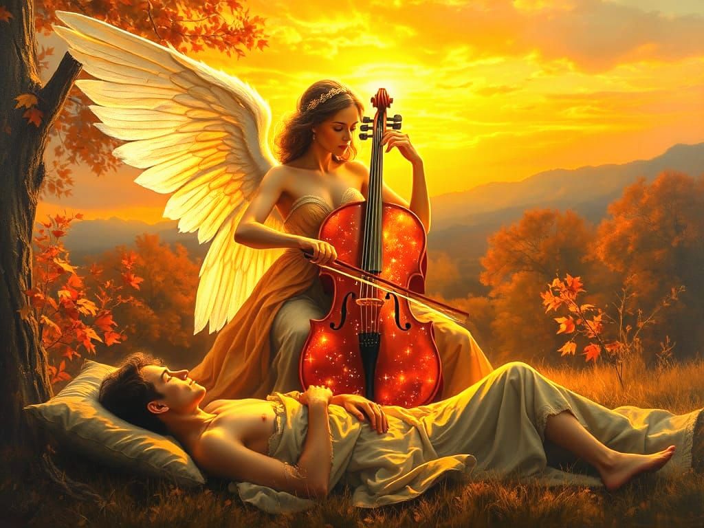 Celestial Angel Plays Starlight Cello in Autumn Sunset