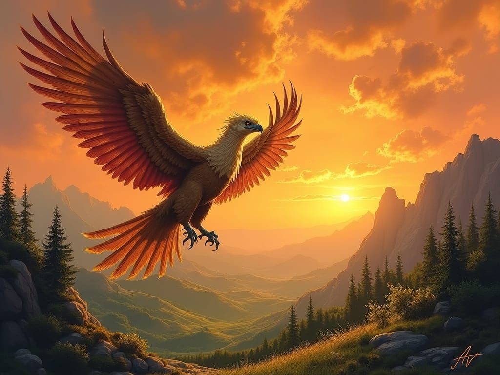 Griffin Soaring at Sunset in Fantasy Art Style