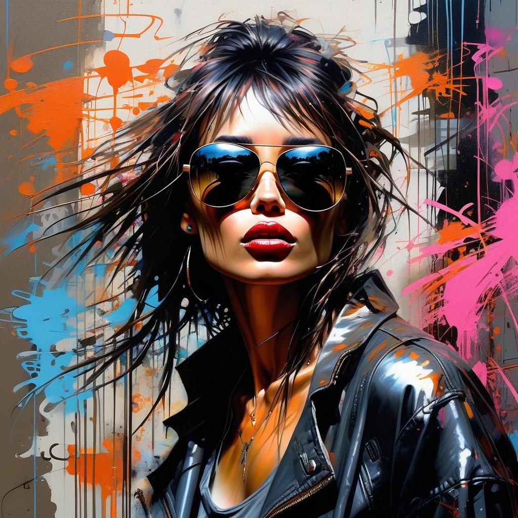 Girl wearing sunglasses, in dynamic composition, finely arti...