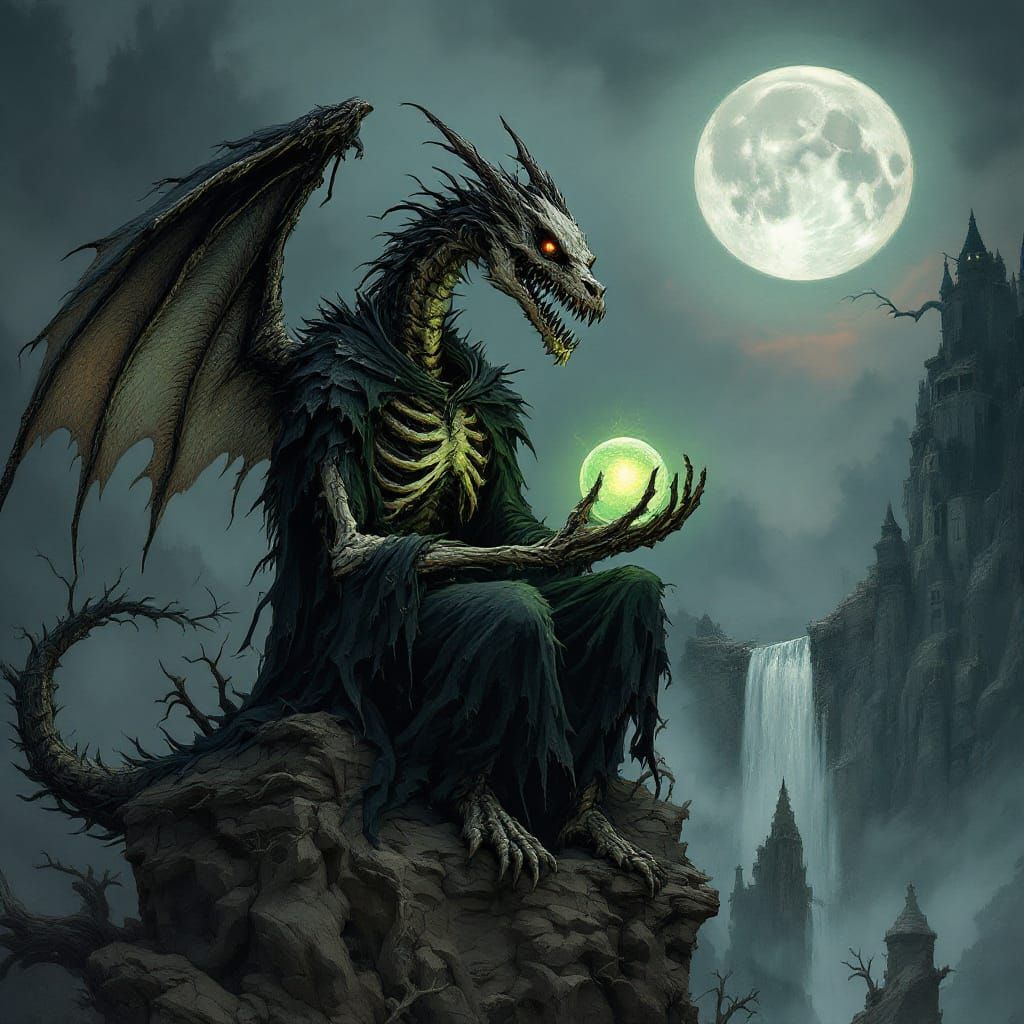 Skeletal Dragon With Glowing Orb in Surreal Landscape