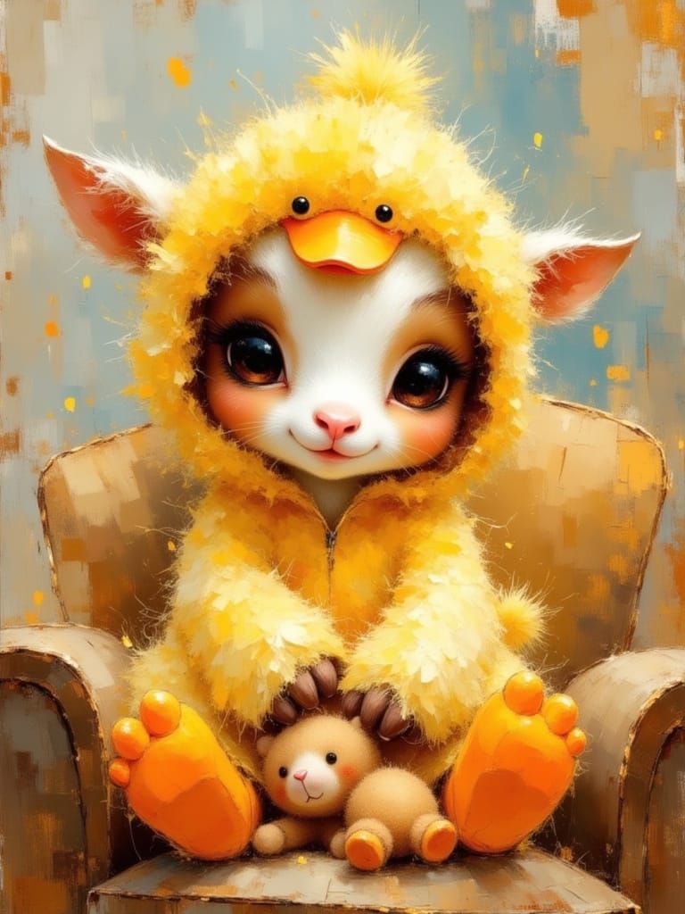 Baby Goat in Duck Costume Snuggled on Couch