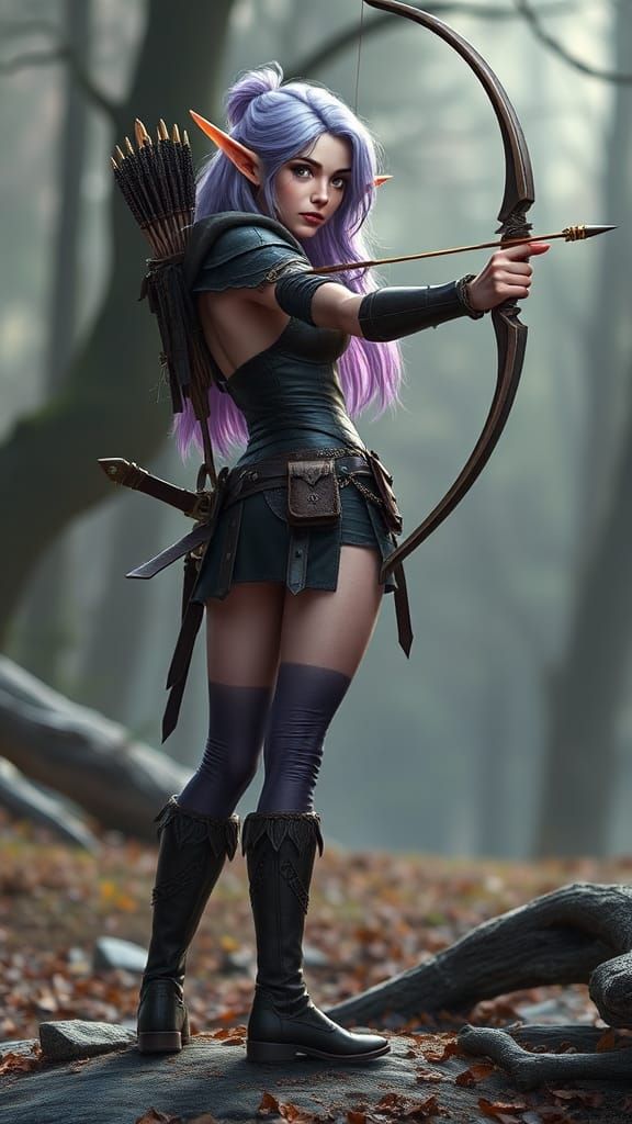 Female Elf Archer with Purple Hair in Leather Armor
