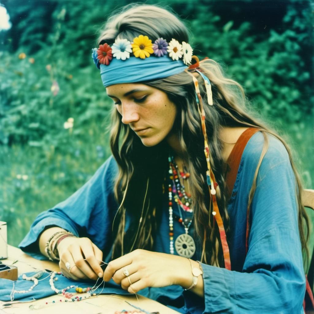 Hippie Woman Sewing in Aged Photograph Style