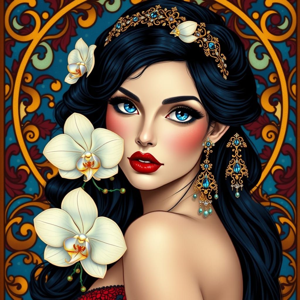 Ethereal Pin-Up Beauty with Art Nouveau Accents