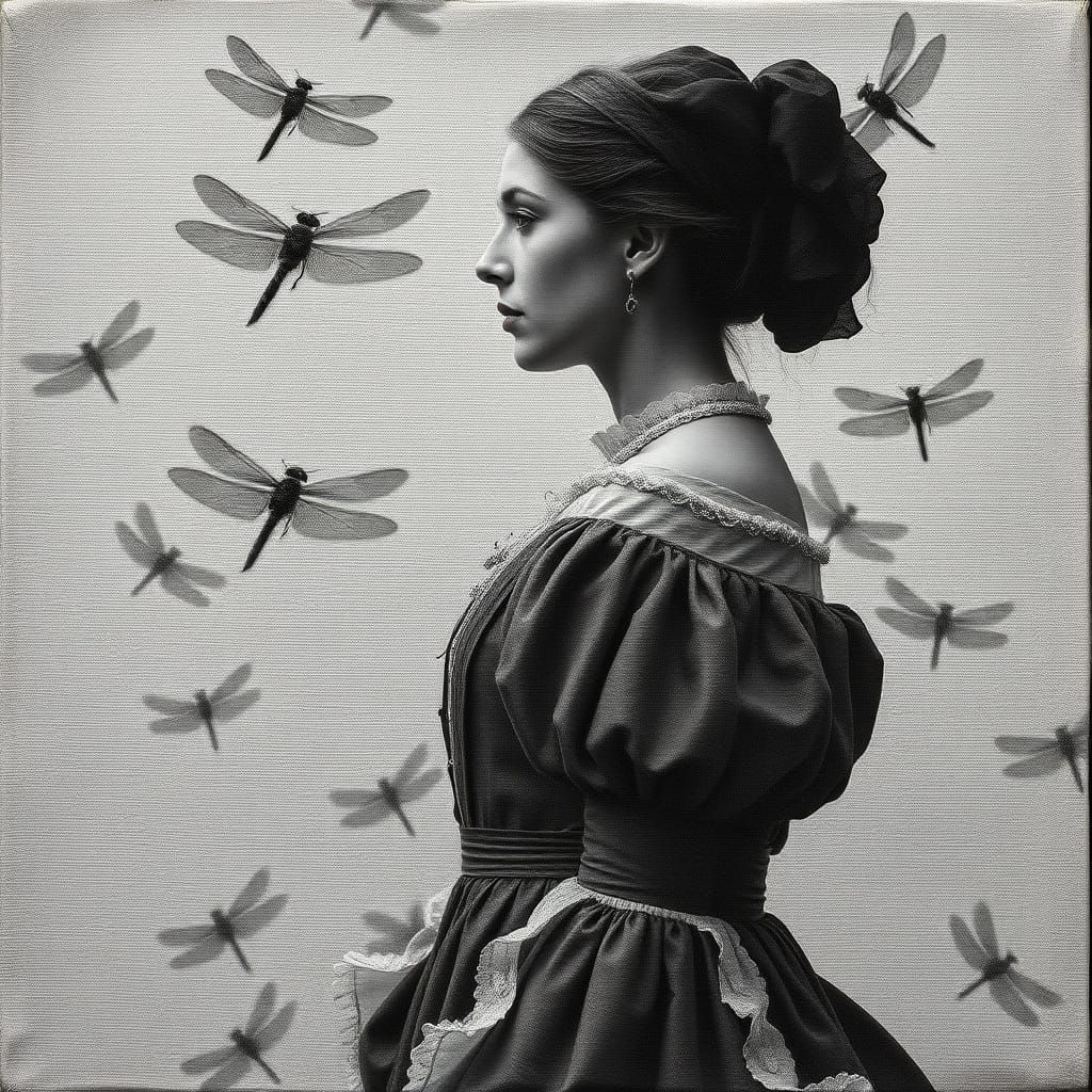 Woman in Profile with Dragonflies, HDR Portrait