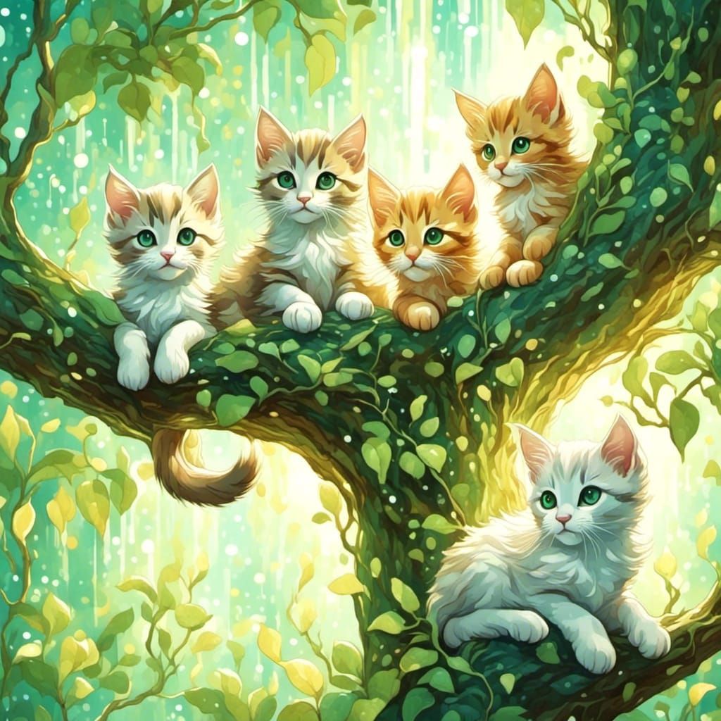 Playful Kittens Climbing Tree in Watercolor Style