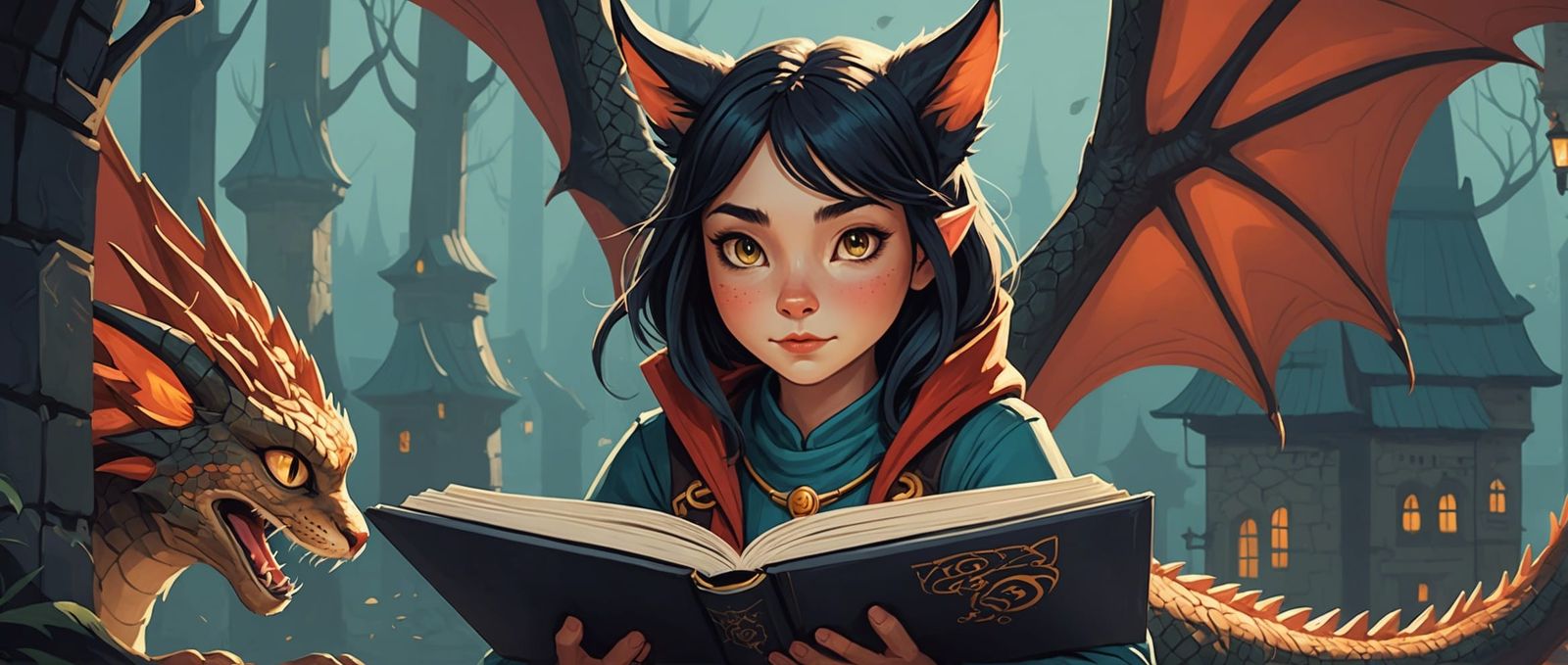 Cat-Girl and Dragon Story Illustration with Wonder