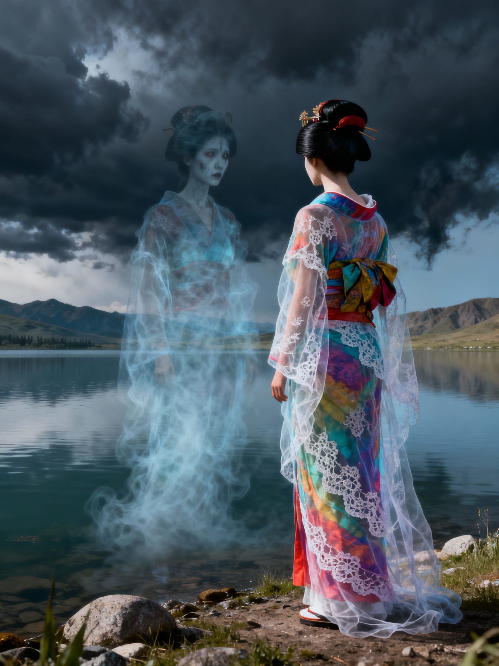 Ghostly Geisha by Lake in Surreal Kyrgyzstan