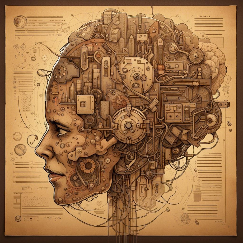 Cyberpunk Brain Blueprint on Old Paper