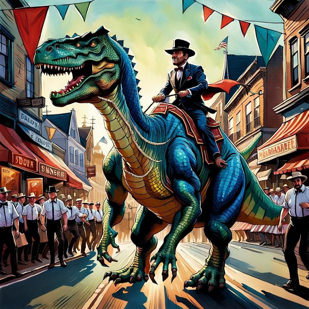 Dinosaur Parade in Neo-Impressionist Comic Style