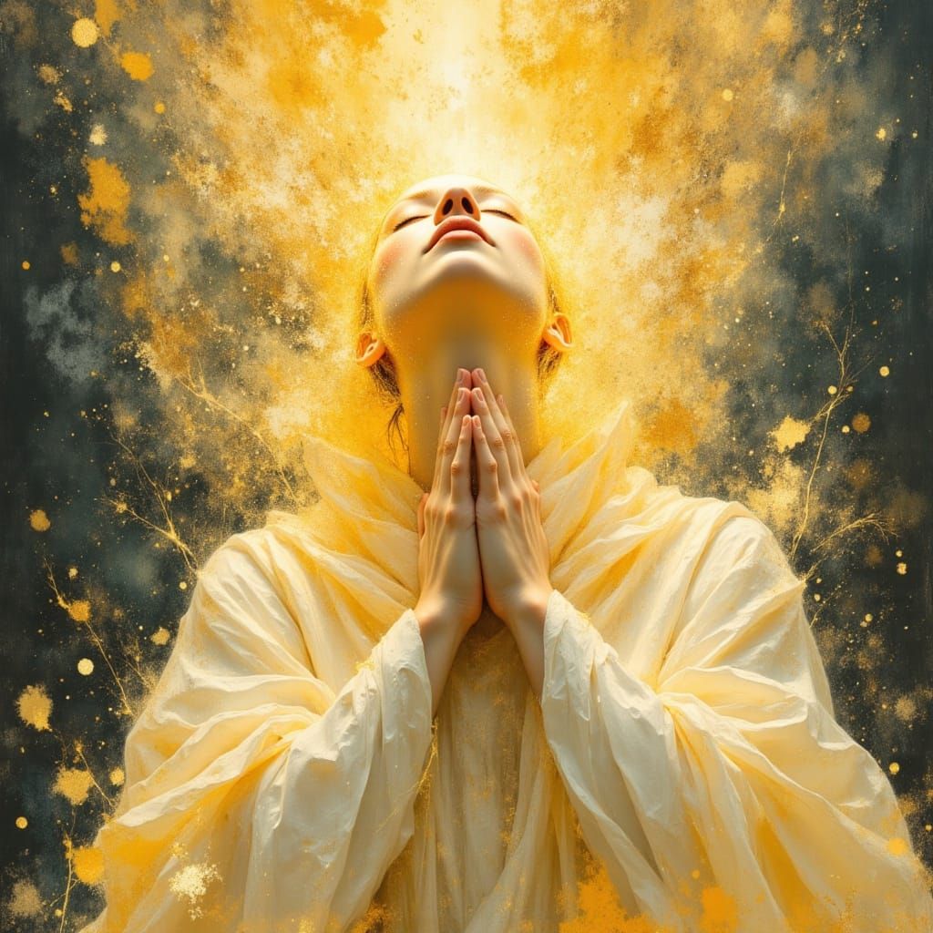 Surreal Prayer Portrait in Luminous White and Yellow