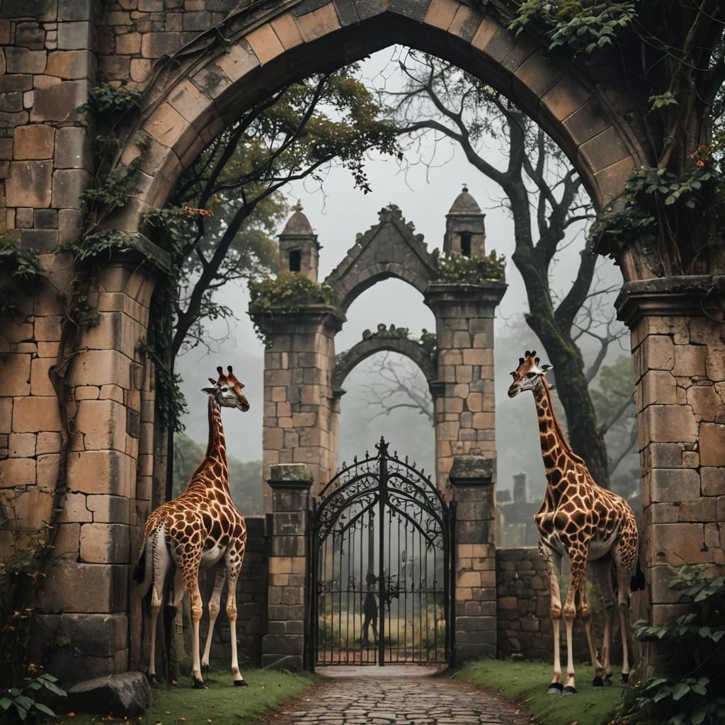 Giraffes Enter Gothic Gate in Moody Landscape