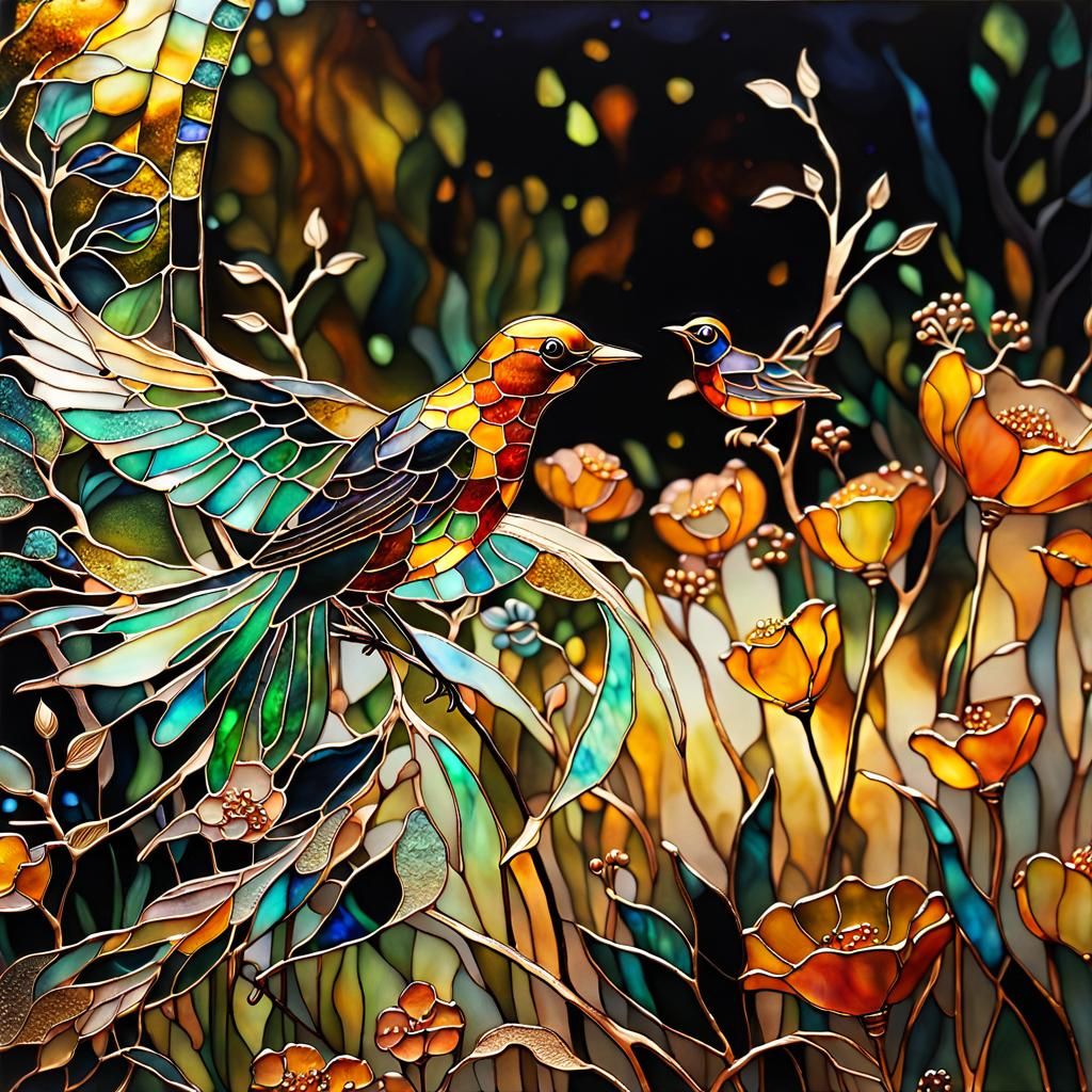 Golden Birds in Amber Light: Alcohol Ink Garden
