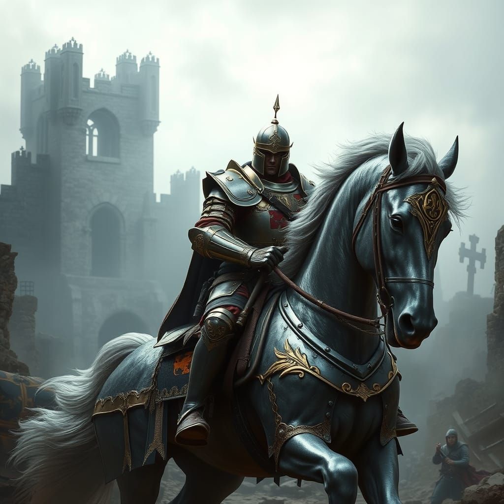 Medieval Knight in Ornate Armor Rides War Horse Through Ruin...