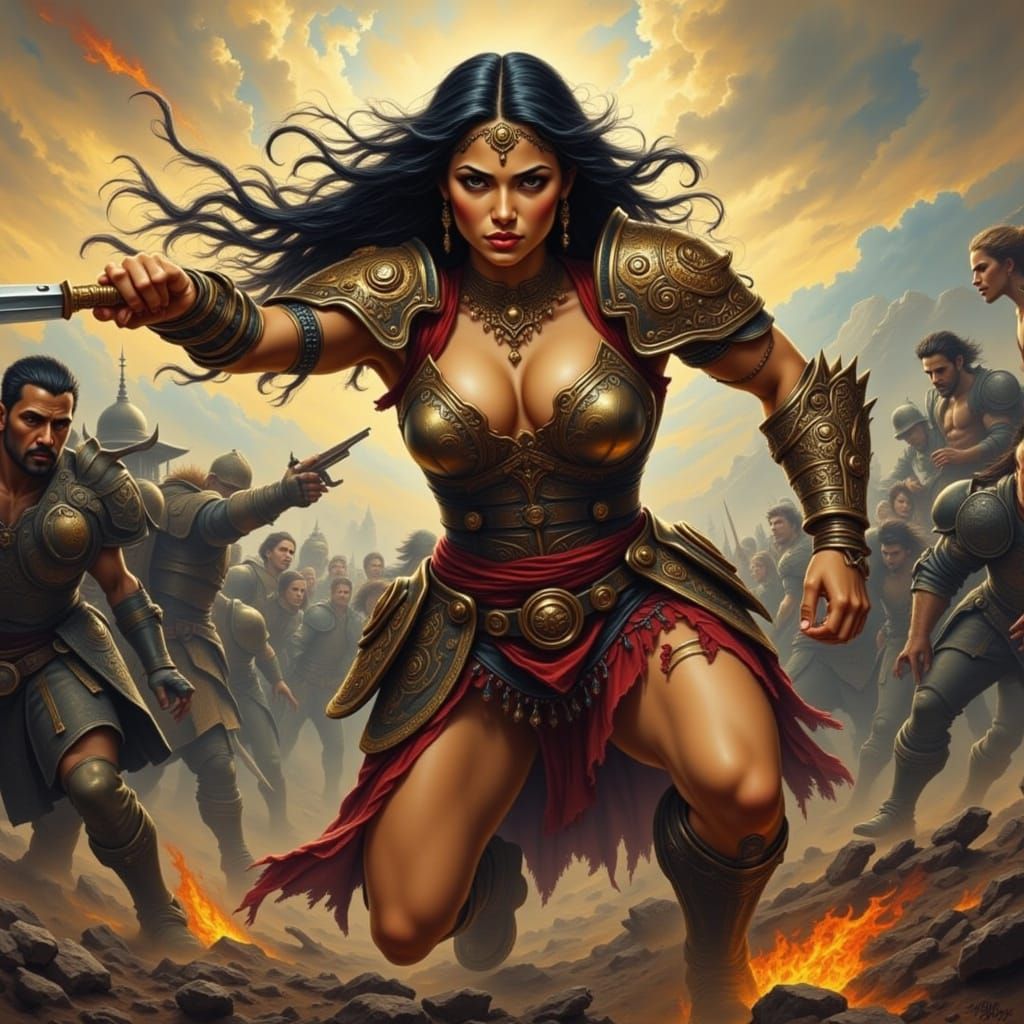 Latina Warrior Rushes into Battle, Comic Book Style