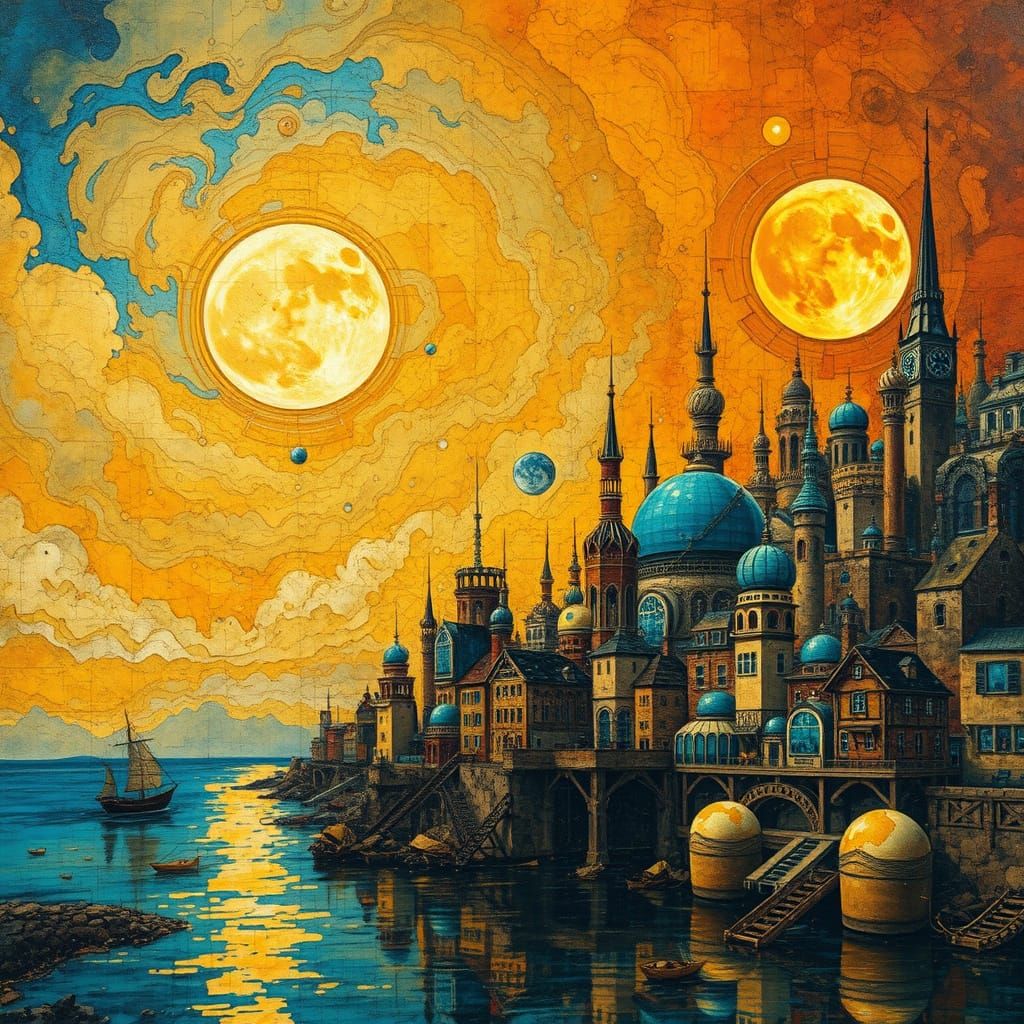 Surreal Futuristic Cityscape with Glowing Moon