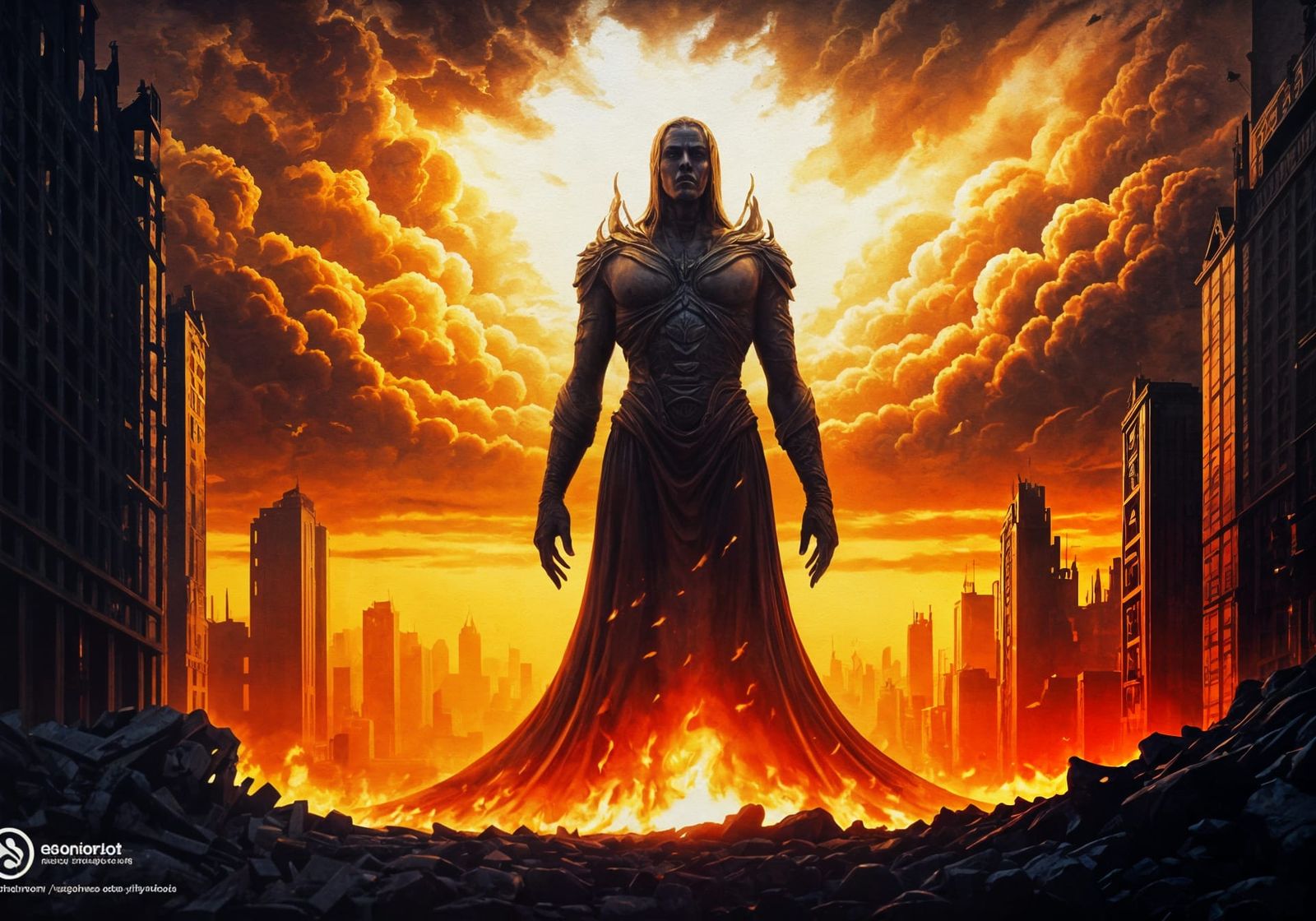 Divine Being in Flames: Sepia Oil Painting