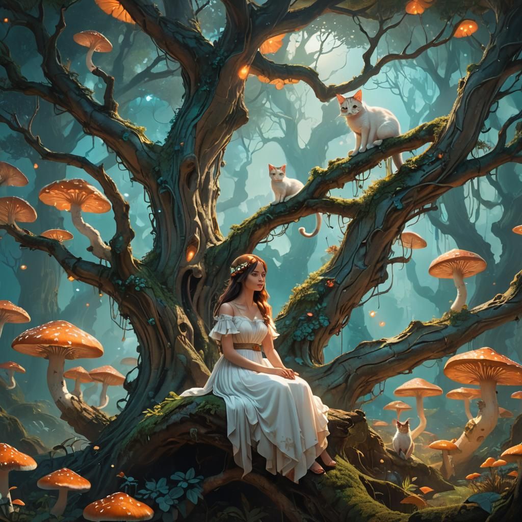 Girl and Cat in Magical Forest, Matte Painting