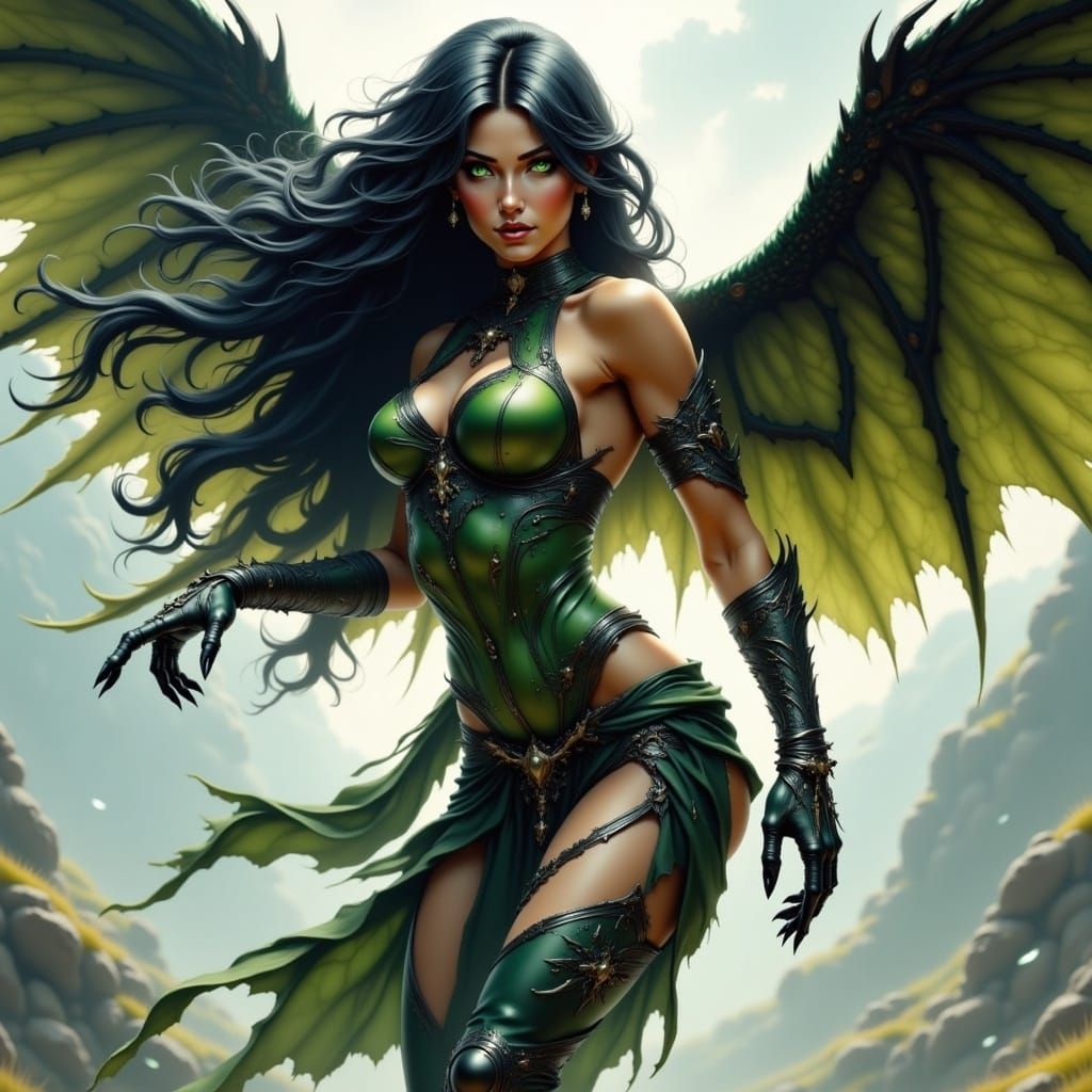 Vibrant Harpy Warrior Woman in Dynamic Pose