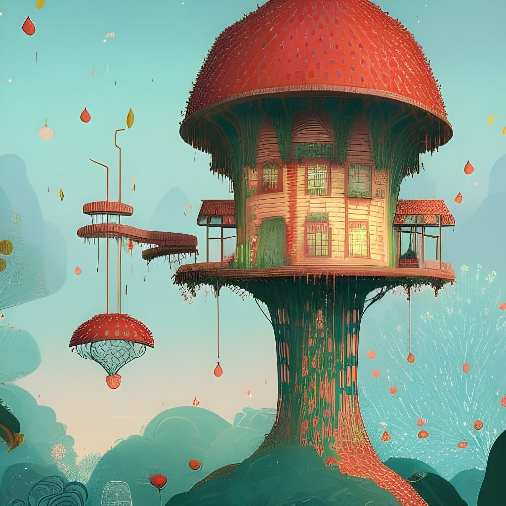 Strawberry Treehouse in Storybook Watercolor Style