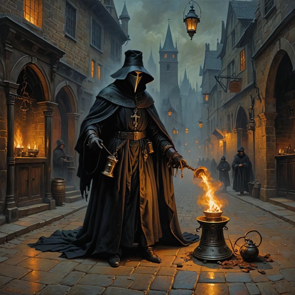 Medieval Plague Doctor in Dark Alchemical Ritual