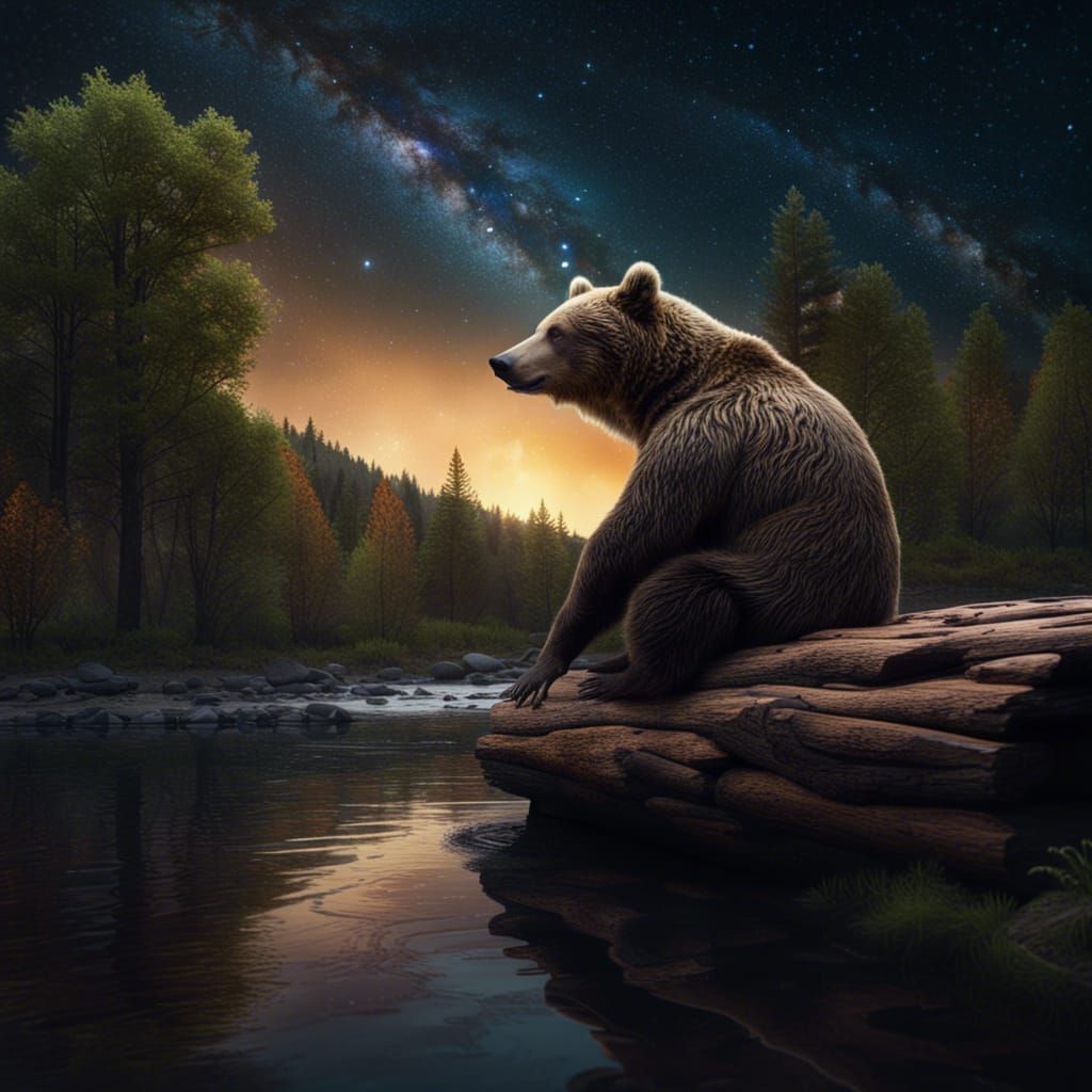 Hyper-Realistic Brown Bear Gazing at Stars