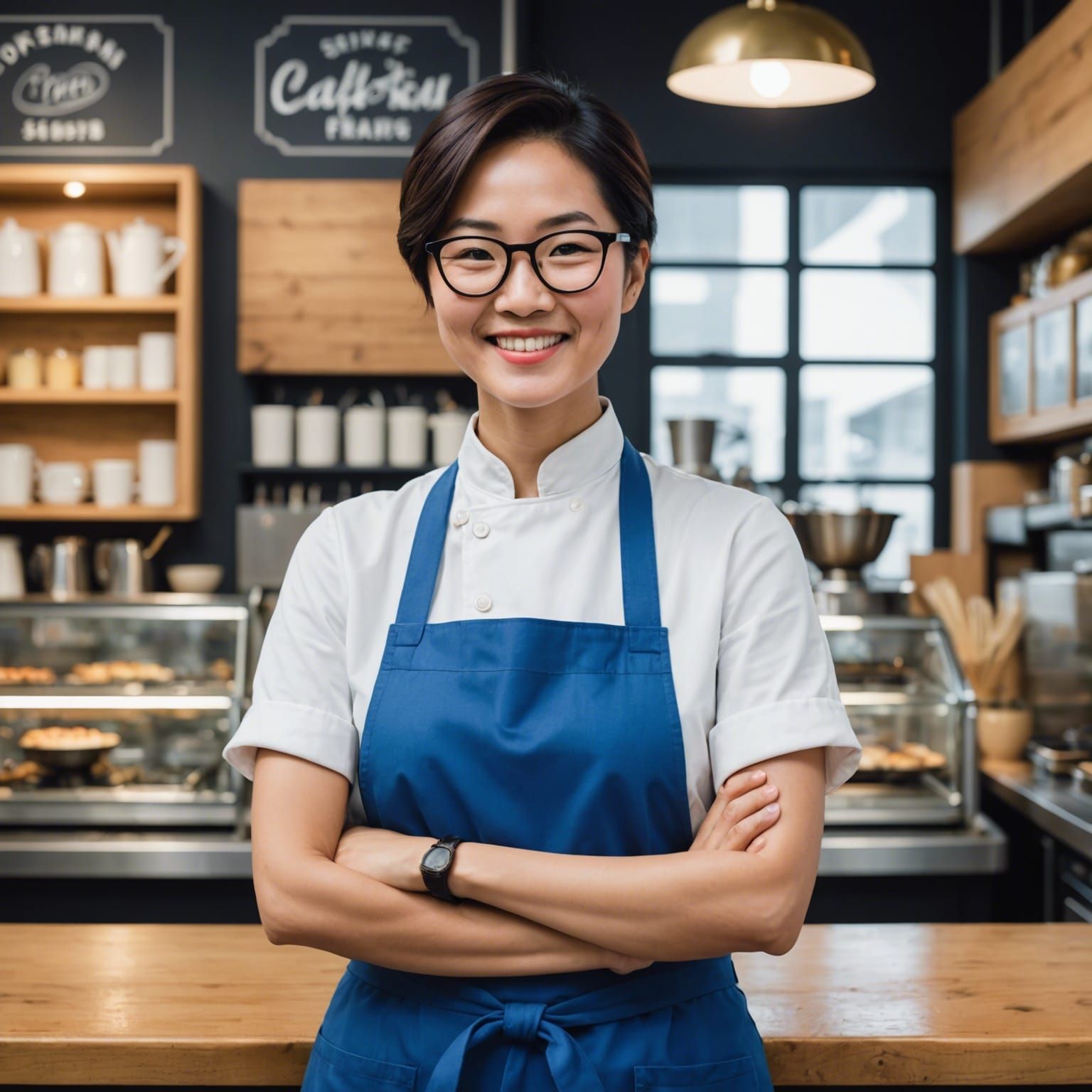 Popmart style. Asian lady baker wearing blue apron, black fr...